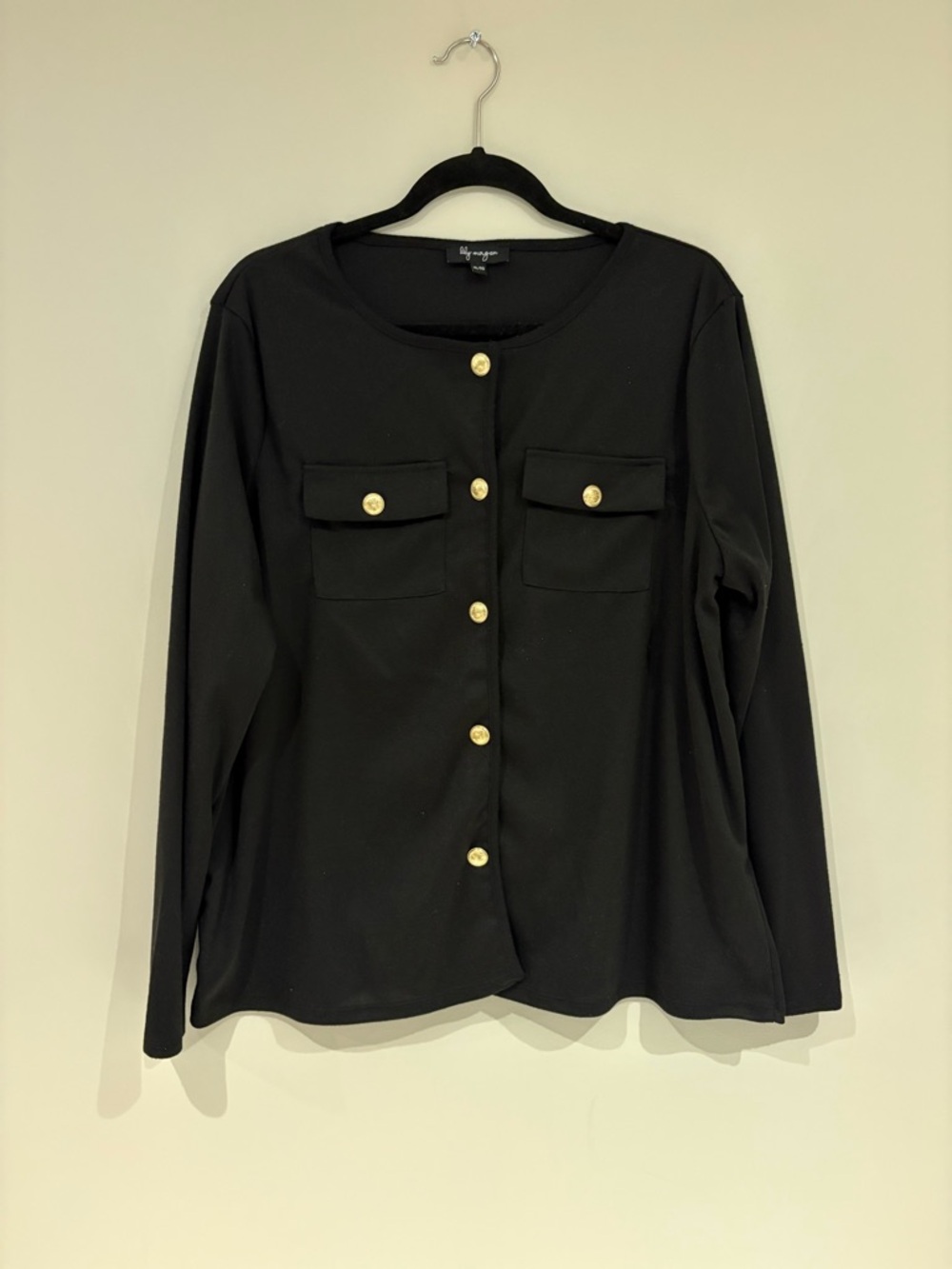 Black Long-Sleeve Gold Button Front Top with Chest Pockets
